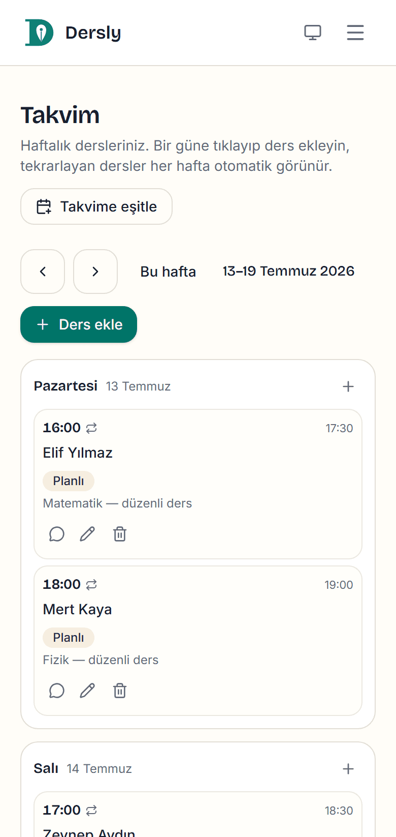 Dersly telefon görünümü